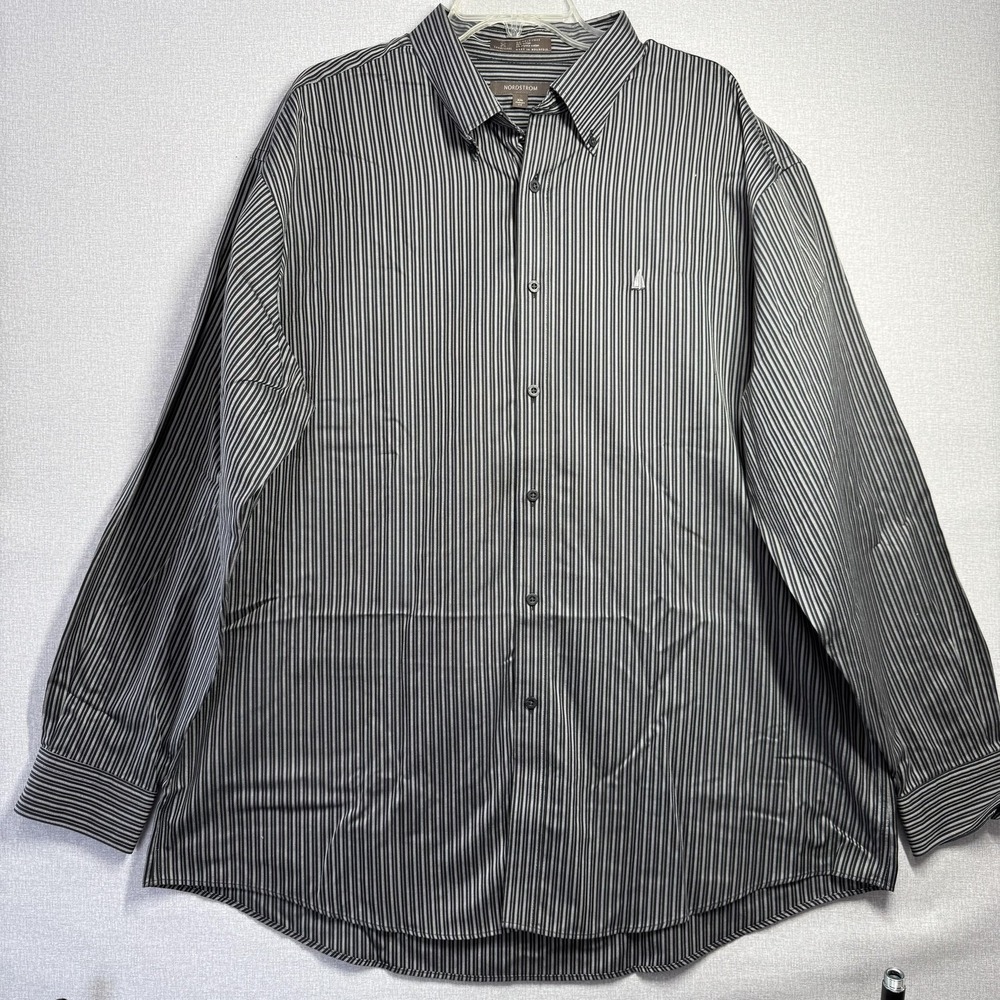 Nordstrom Shirt Mens 2XL Black White Stripe Classic Fit Non Iron Button Down